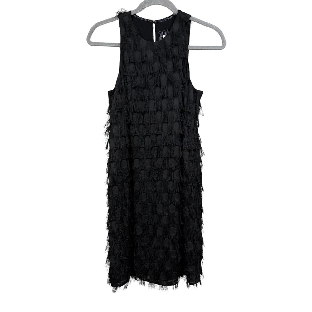 Anthropologie Women Roxie Fringe Mini Dress Shift Textured Lined Black Size 0*